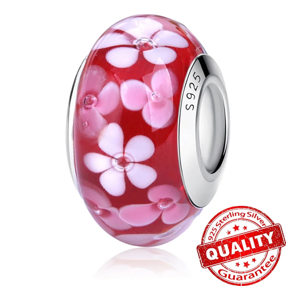 Colorful Flower Murano Glass Charm Fit Original Bracelet Necklace Heart Fine Jewelry