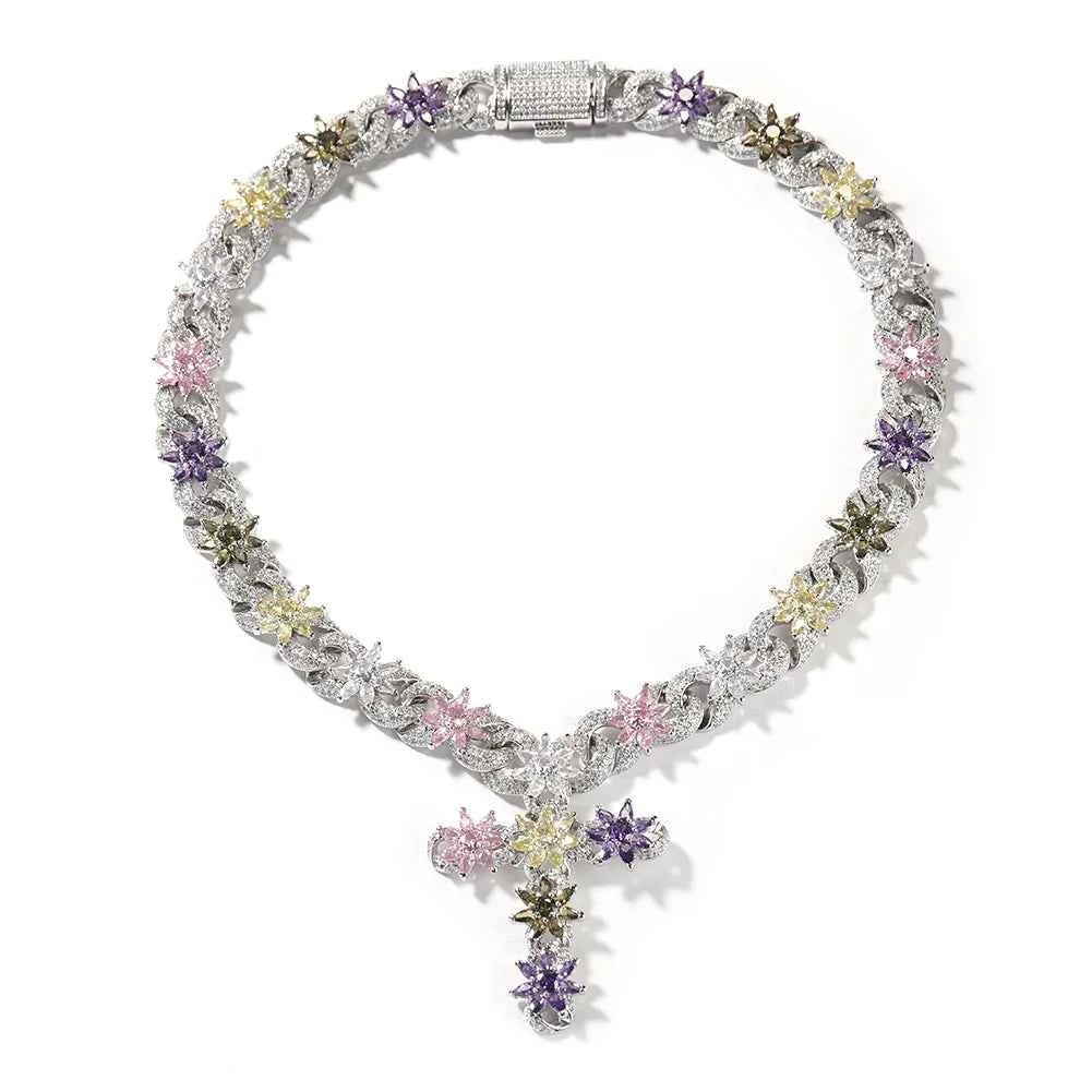 Colorful Flower Cuban Chain Full Paved Iced Out Bling Cubic Zirconia Cross Charms Baguette CZ Cuban Chain