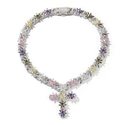 Colorful Flower Cuban Chain Full Paved Iced Out Bling Cubic Zirconia Cross Charms Baguette CZ Cuban Chain