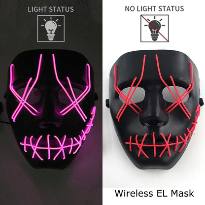 Neon LED Halloween Purge Mask Wireless Masquerade Party Light-up Horror Mask Glowing Multicolor Full Face Adult Mask for Halloween