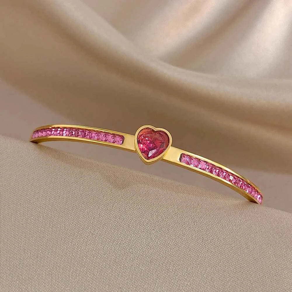 Pink Rhinestone Heart Charm Bracelet