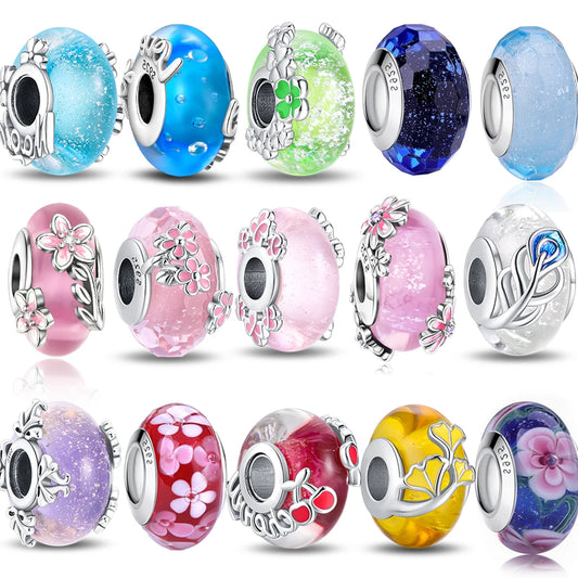 Colorful Flower Murano Glass Charm Fit Original Bracelet Necklace Heart Fine Jewelry