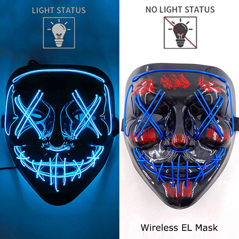 Neon LED Halloween Purge Mask Wireless Masquerade Party Light-up Horror Mask Glowing Multicolor Full Face Adult Mask for Halloween