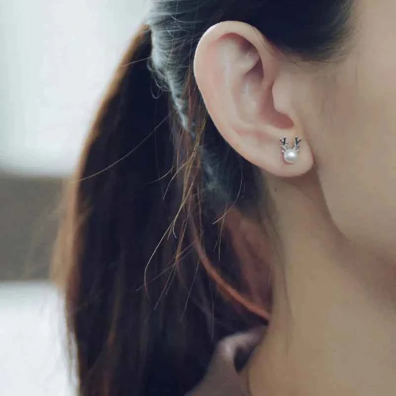 Cute Antler Stud Earrings for Women 925 Sterling Silver