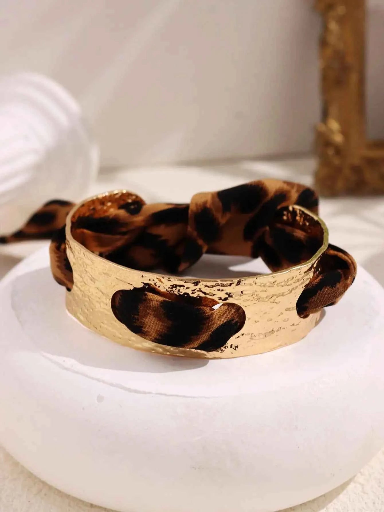 Leopard Print Ribbon-Wrapped Metal Bracelet