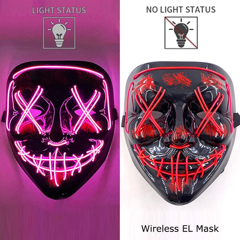 Neon LED Halloween Purge Mask Wireless Masquerade Party Light-up Horror Mask Glowing Multicolor Full Face Adult Mask for Halloween