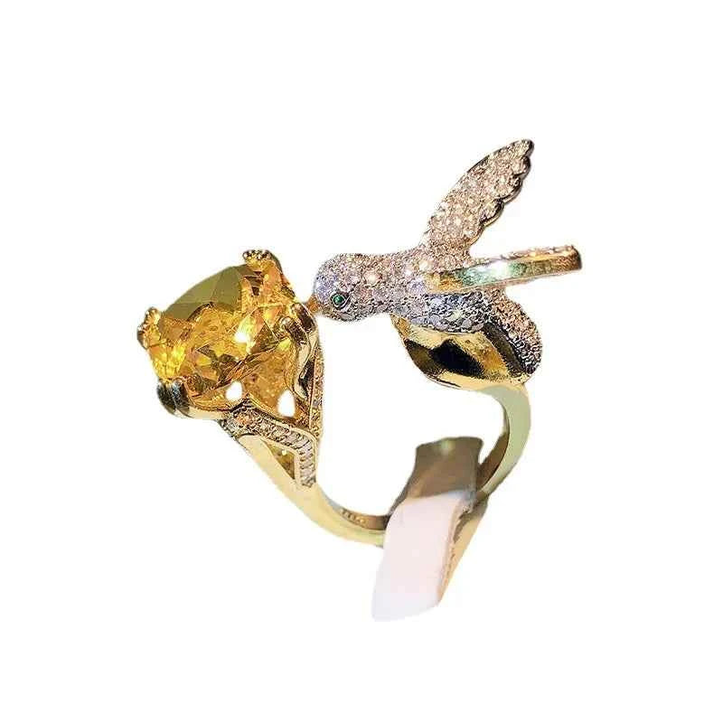 Creative Colored Gemstone Women Aquamarine Hummingbird Ring 925