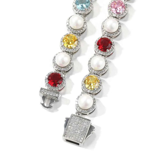 Iced Colorful CZ Chain Bracelets with Spring Clasp for Women Fashionable Round Cut Gemstones Necklaces Jewelry