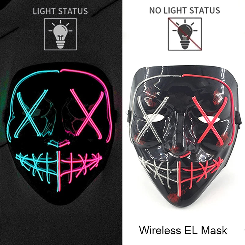 Neon LED Halloween Purge Mask Wireless Masquerade Party Light-up Horror Mask Glowing Multicolor Full Face Adult Mask for Halloween