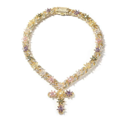 Colorful Flower Cuban Chain Full Paved Iced Out Bling Cubic Zirconia Cross Charms Baguette CZ Cuban Chain