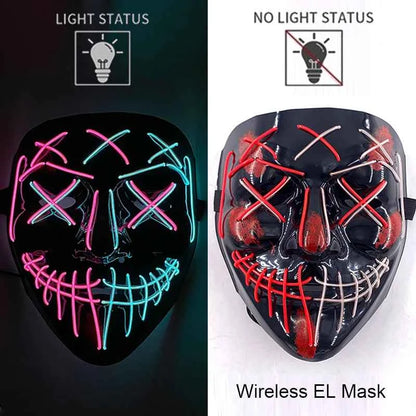 Neon LED Halloween Purge Mask Wireless Masquerade Party Light-up Horror Mask Glowing Multicolor Full Face Adult Mask for Halloween