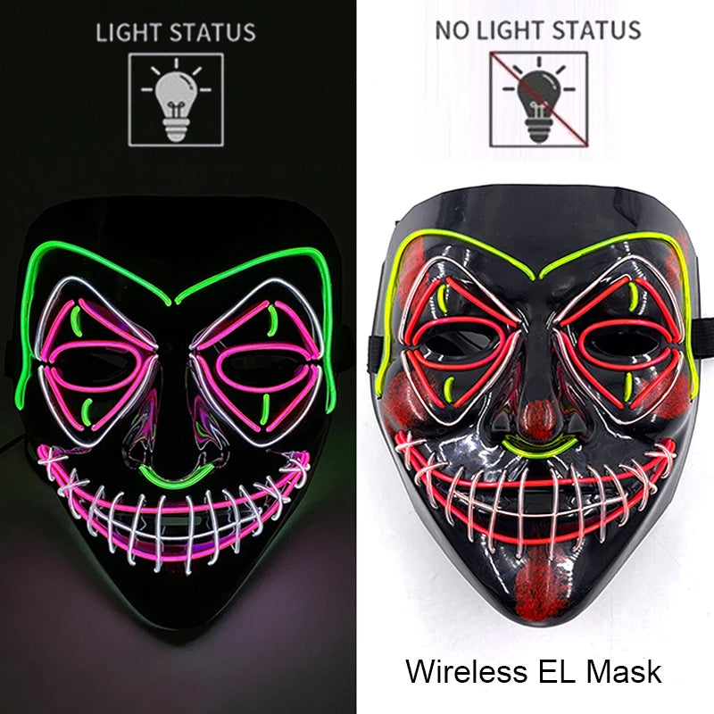 Neon LED Halloween Purge Mask Wireless Masquerade Party Light-up Horror Mask Glowing Multicolor Full Face Adult Mask for Halloween