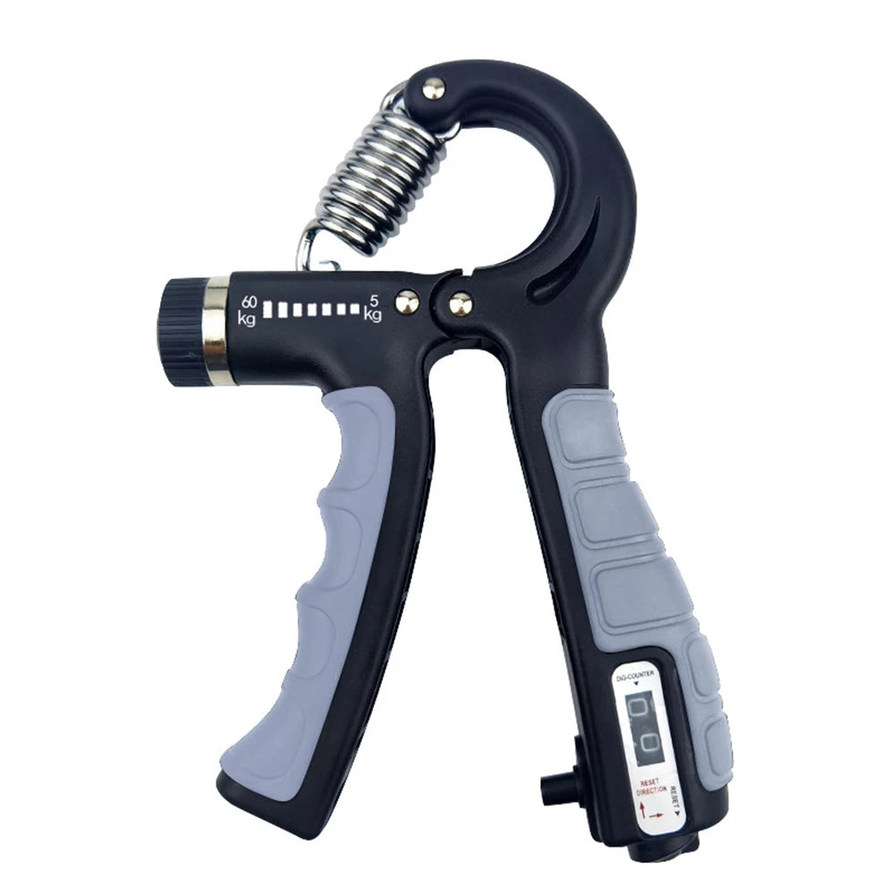 Adjustable hand grip strengthener with black and gray ergonomic handles and tension settings for hand exercise
