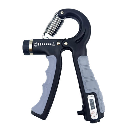 Adjustable hand grip strengthener with black and gray ergonomic handles and tension settings for hand exercise