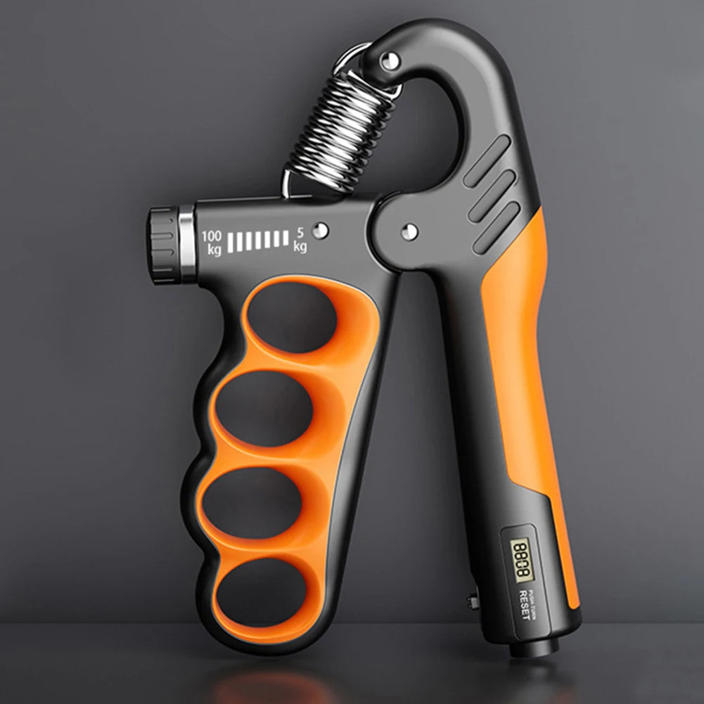 DFShop adjustable hand grip strengthener with ergonomic black and orange handle and resistance settings