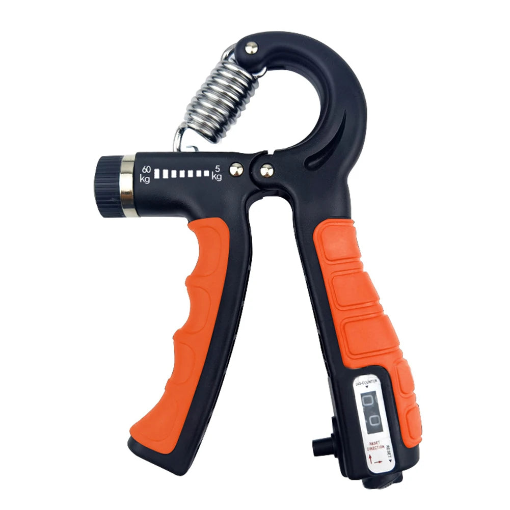 Adjustable hand grip strengthener with black and orange handles and tension dial for workout