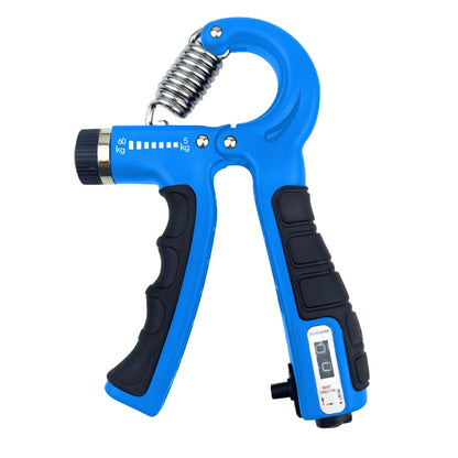 Blue adjustable hand grip strengthener with black comfortable grips and metal spring resistance