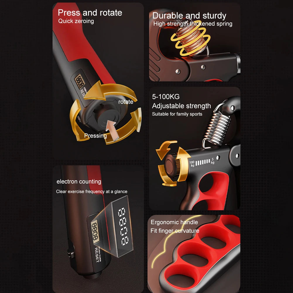 Adjustable hand grip strengthener with electronic counter ergonomic handle and durable high strength spring
