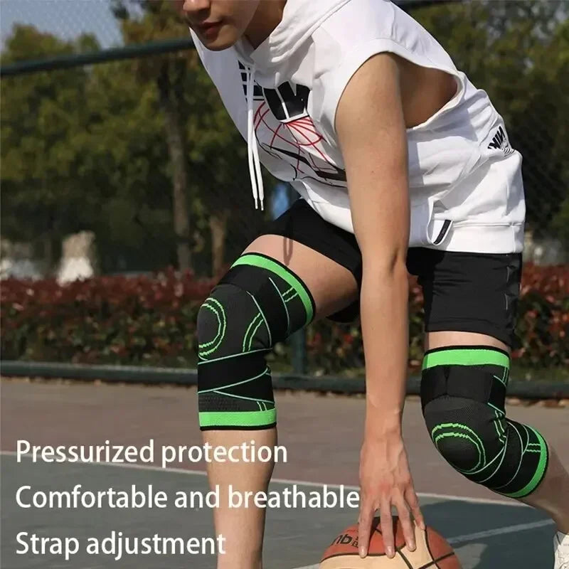 Person wearing black and green adjustable knee compression sleeve while playing basketball outdoors