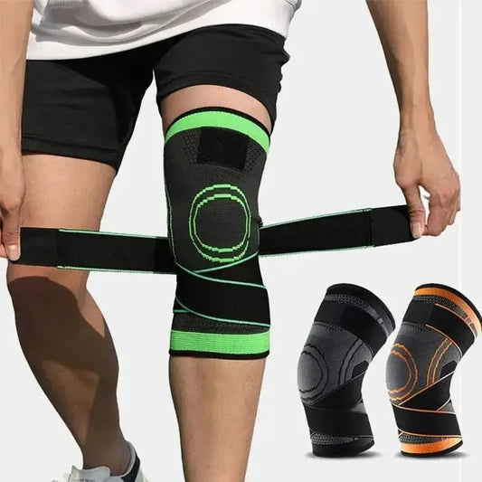 DFShop adjustable knee compression sleeve in black and green worn on leg with strap being adjusted