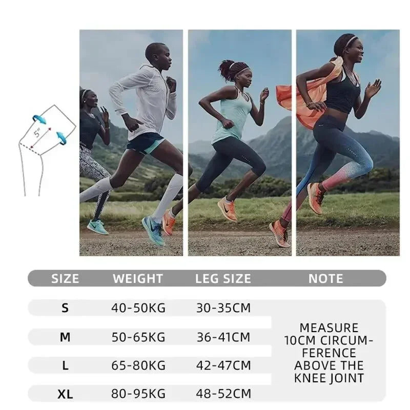 DFShop adjustable knee compression sleeve size chart with running athletes demonstrating use