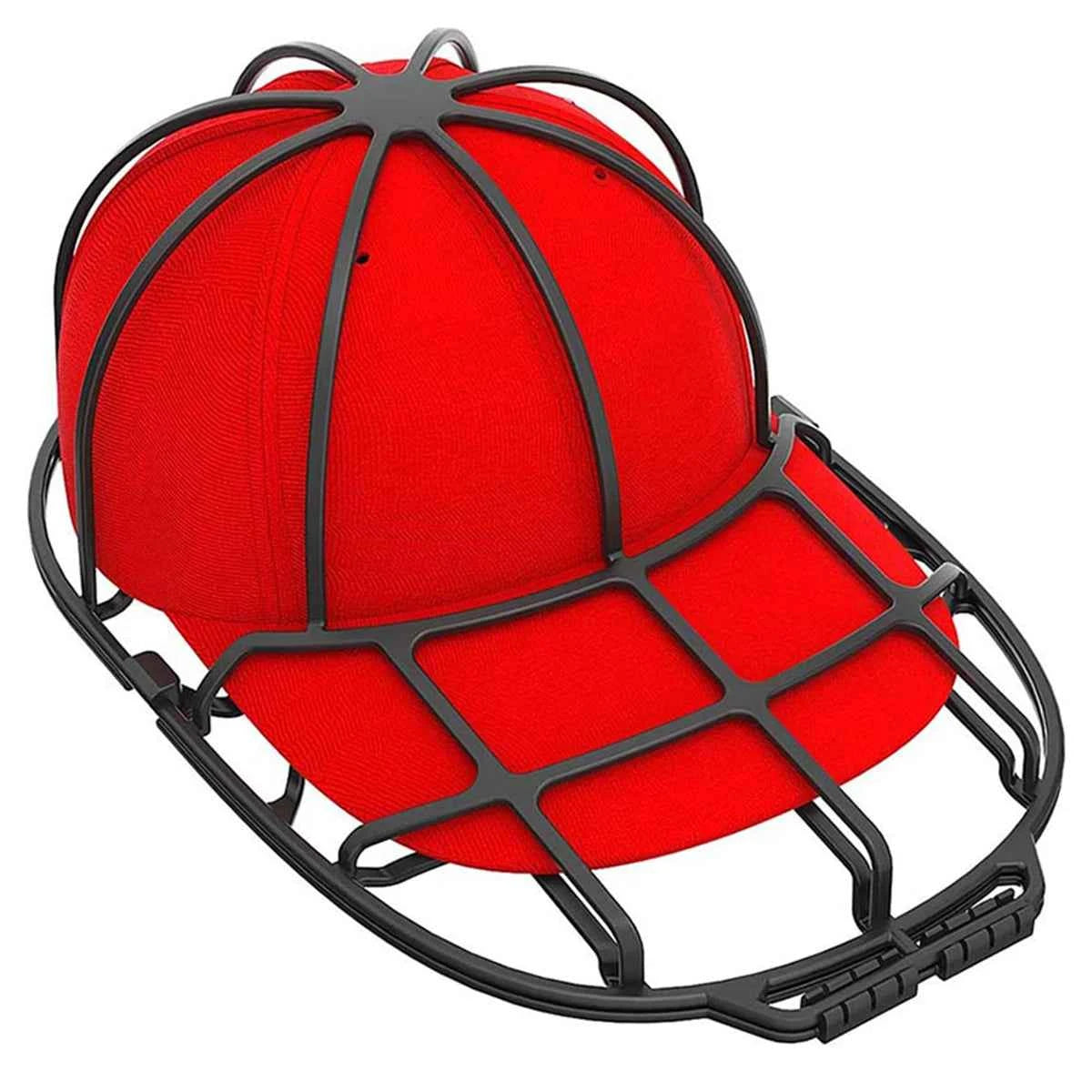 Black anti deformation cap protector on a red baseball cap to maintain shape and structure