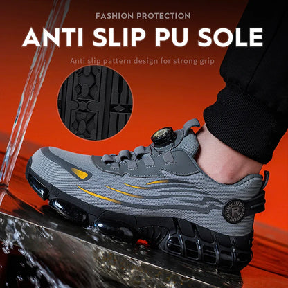 Gray and black anti puncture non slip work boots with anti slip PU sole and water resistance