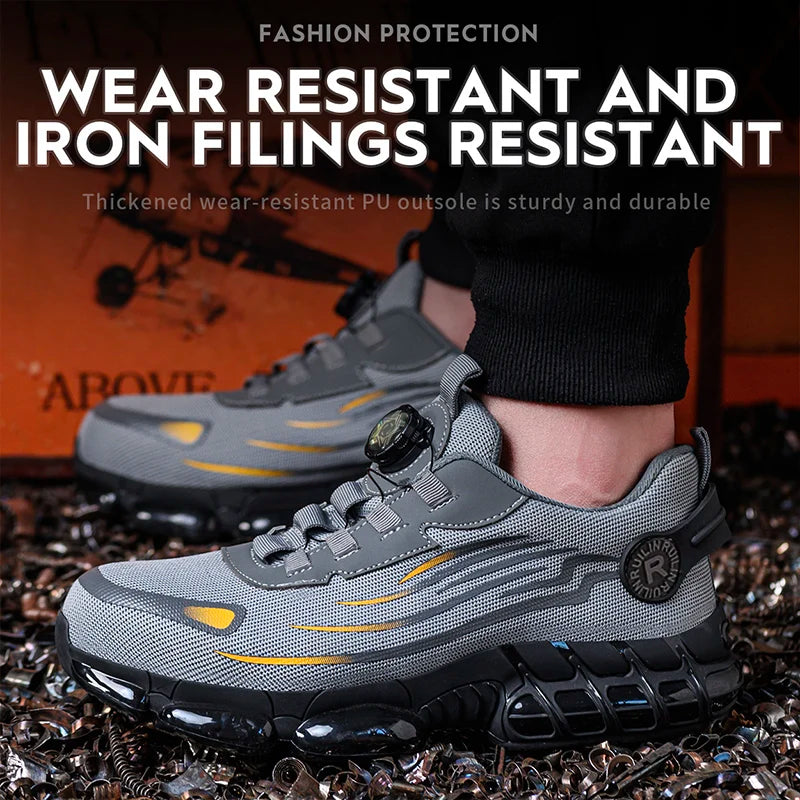 Gray anti puncture non slip work boots with thick wear-resistant PU outsole and sturdy design