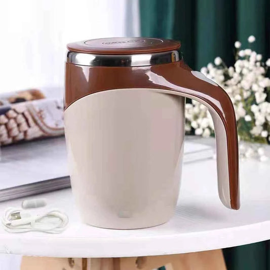 DFShop beige and brown automatic self stirring coffee mug with lid and USB charging cable