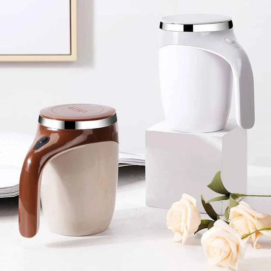 DFShop automatic self stirring coffee mug in white and brown with sleek design and metallic lids