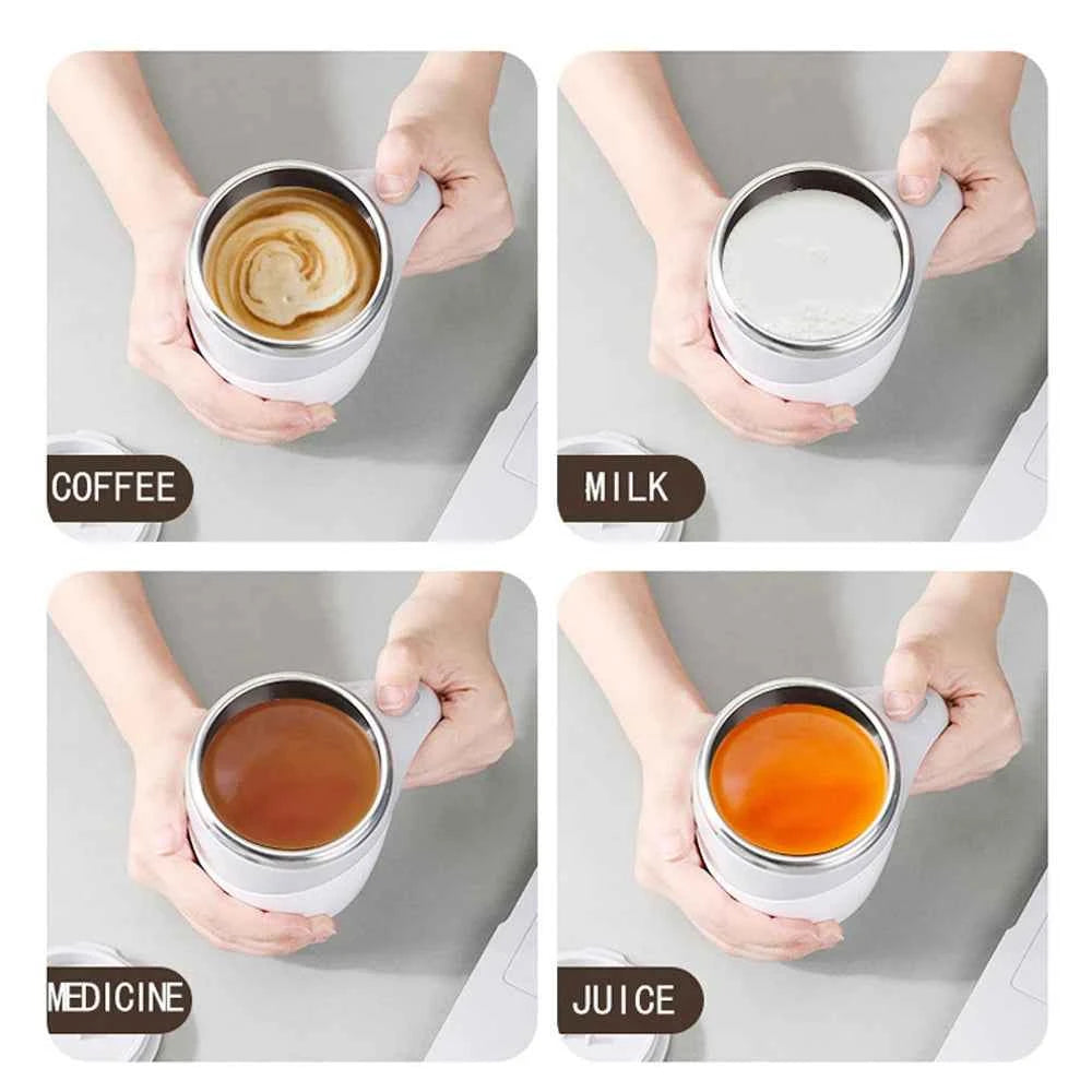 DFShop automatic self stirring coffee mug shown stirring coffee milk medicine and juice in hands