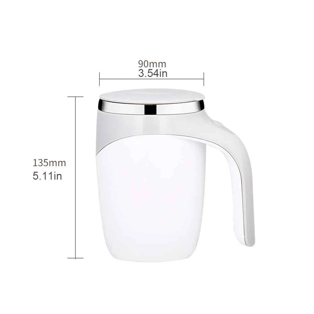 White automatic self stirring coffee mug with handle and stainless steel lid measuring 5.11 by 3.54 inches