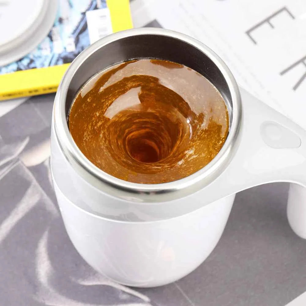 White automatic self stirring coffee mug by DFShop with swirling coffee inside