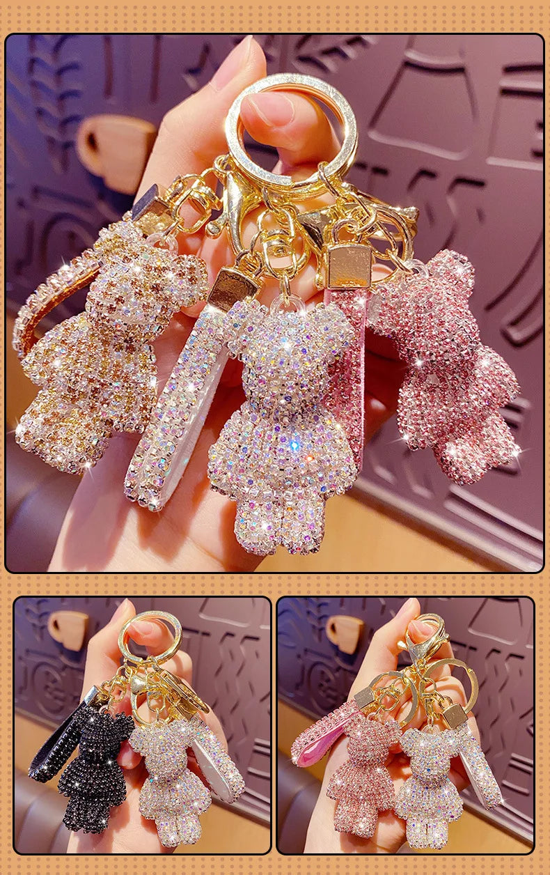 DFShop rhinestone bear keychain with sparkling gold and pink bears and matching accessories held in hand