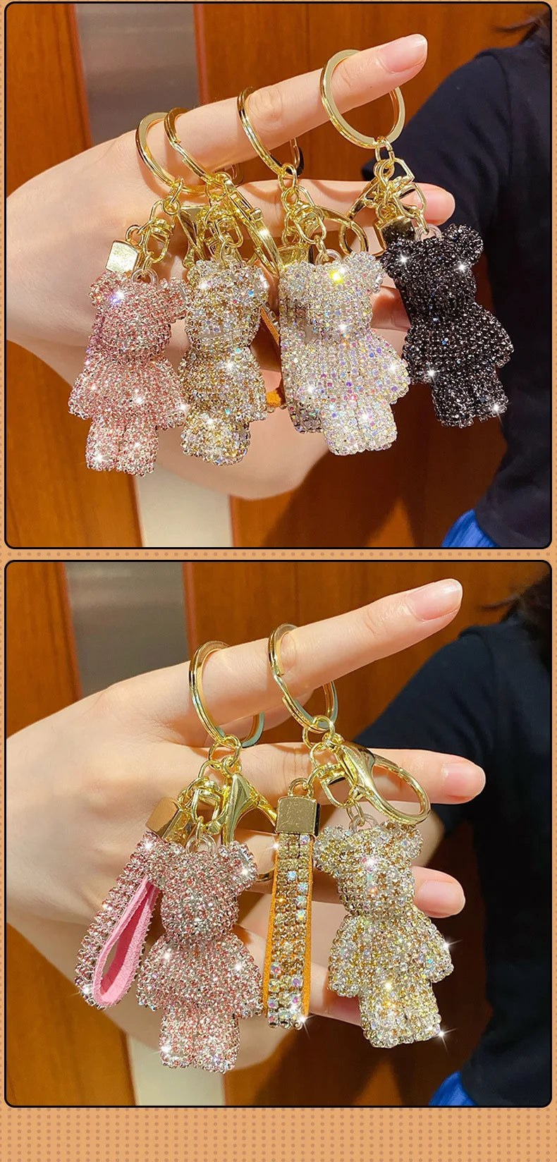 DFShop rhinestone bear keychain set in pink, white, and black sparkling crystals with gold key rings