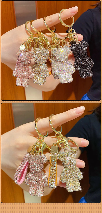 DFShop rhinestone bear keychain set in pink, white, and black sparkling crystals with gold key rings