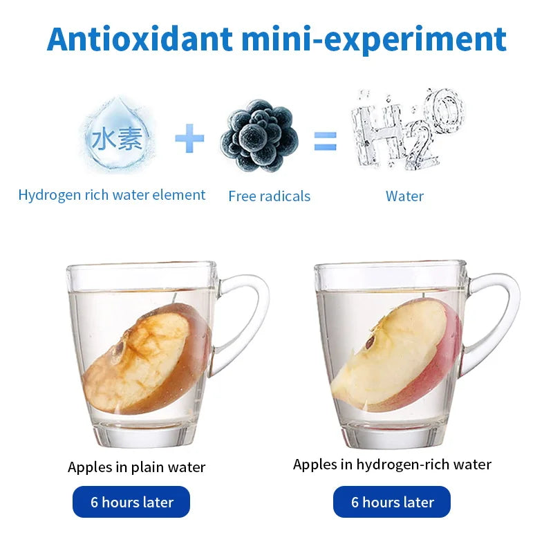 Antioxidant mini-experiment showing apples in plain water versus hydrogen-rich water after 6 hours using hydrogen water bottle