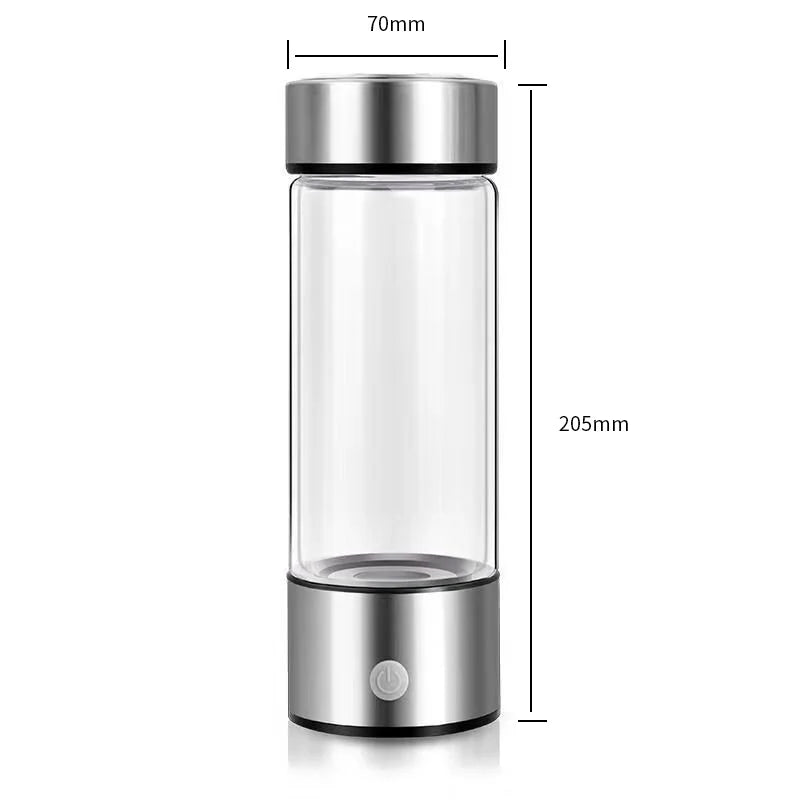 Transparent hydrogen water bottle with silver top and base, compact design measuring 205mm by 70mm