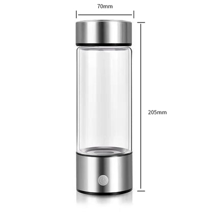 Transparent hydrogen water bottle with silver top and base, compact design measuring 205mm by 70mm