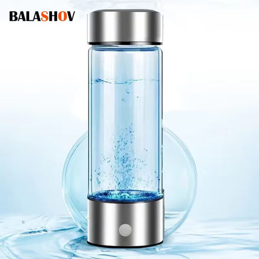 Sleek Balashov hydrogen water bottle with silver lid and base, filled with bubbling water