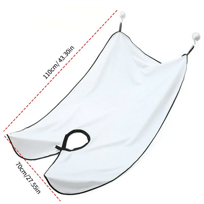White beard trimming bib for men with black trim and suction cup attachments for easy use