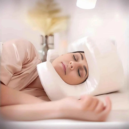 Woman sleeping comfortably using an anti wrinkle sleep pillow with ergonomic support