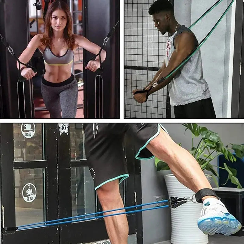 Women and men using the best resistance bands for home exercise in various strength training workouts