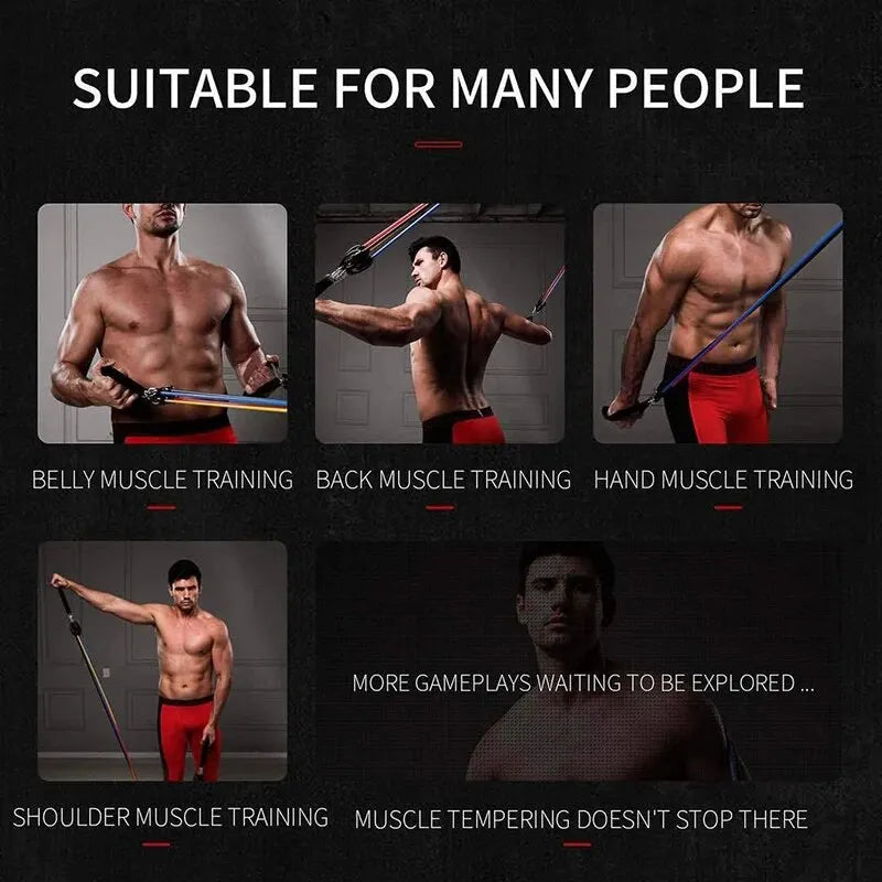 Muscular man using the best resistance bands for home exercise targeting belly, back, hand, and shoulder muscles