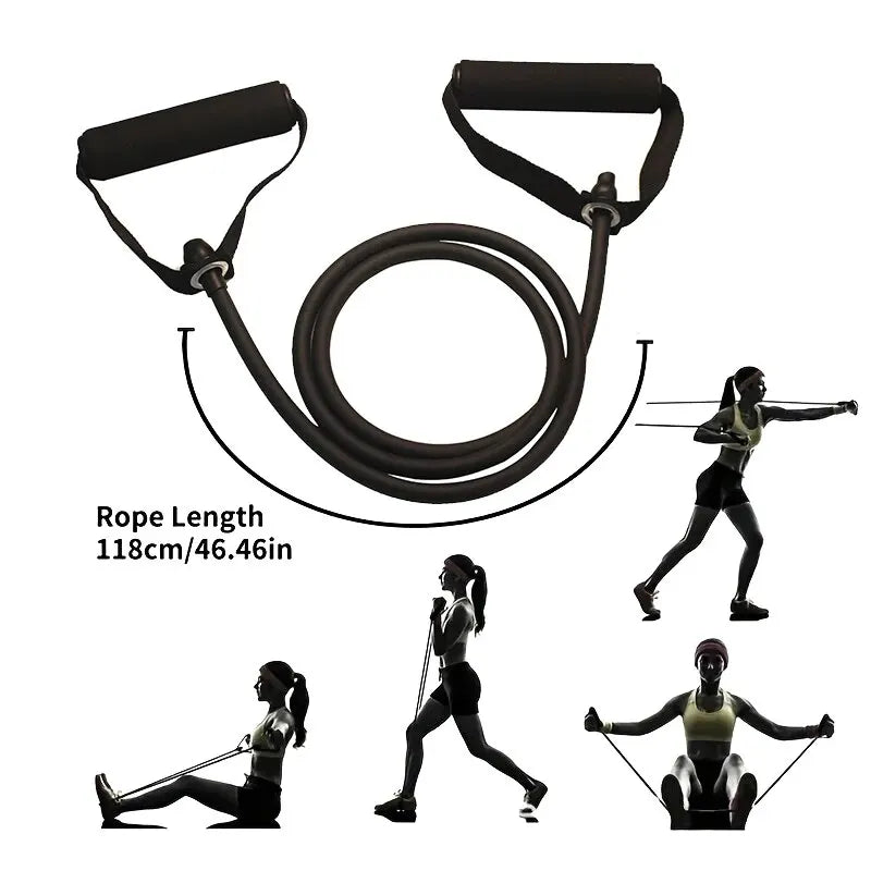 Black resistance band with handles showing exercises and rope length best resistance bands for home exercise