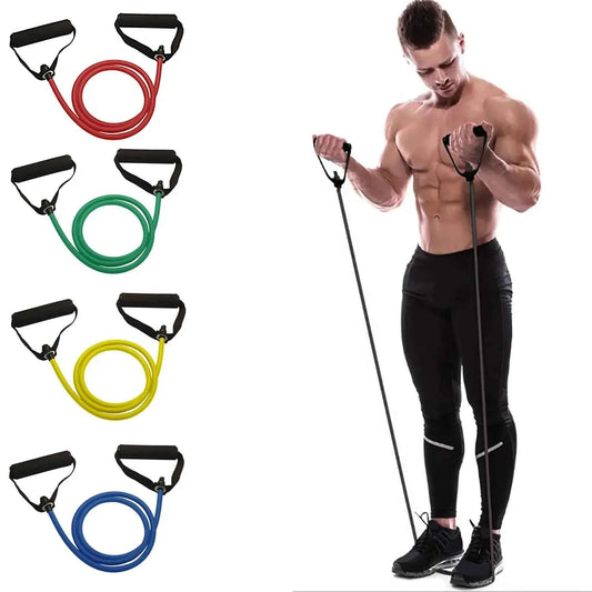 Set of colorful resistance bands with handles and man exercising with best resistance bands for home exercise