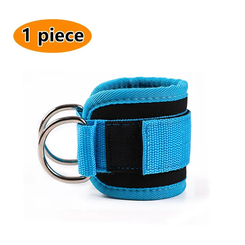 Blue double d-ring ankle straps for gym with padded support and adjustable design