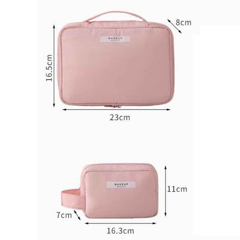 Pink portable cosmetic organizer with handle and zipper, compact sizes 23x16.5x8 cm and 16.3x11x7 cm for travel