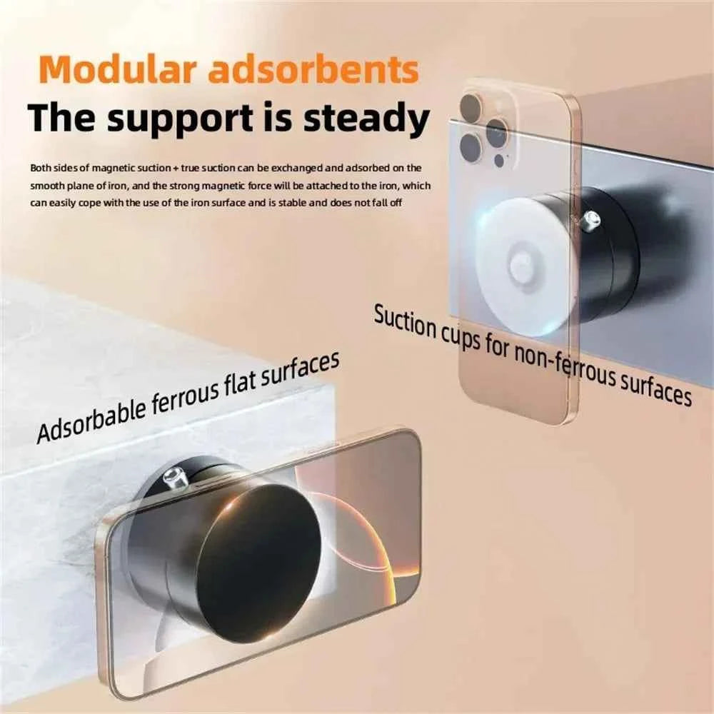 DFShop portable magnetic phone holder demonstrating modular adsorbents with suction cups and magnetic force