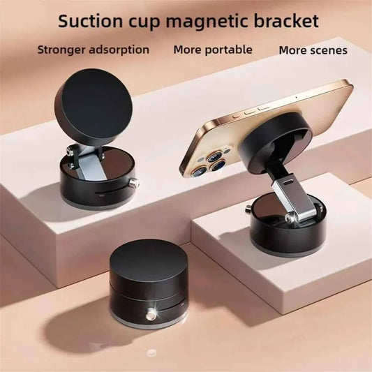Portable magnetic phone holder suction cup bracket in black showing strong adsorption and adjustable angles